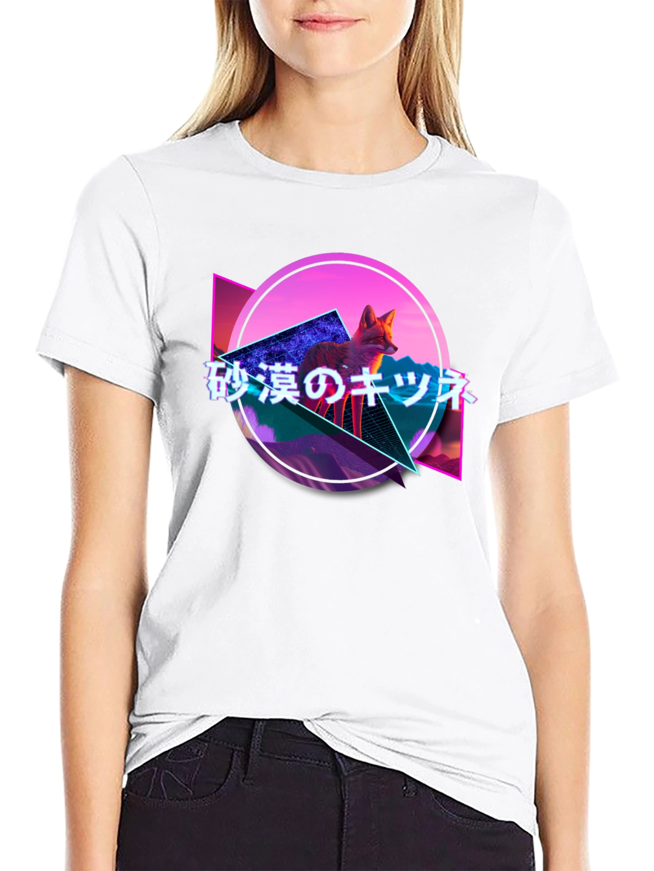 Retro Fox Graphic Tee - Japanese Text Synthwave Design