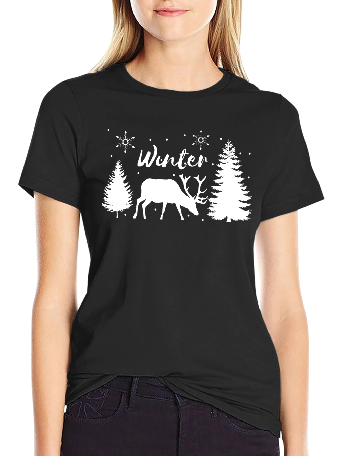 Winter Deer Graphic Tee - Black