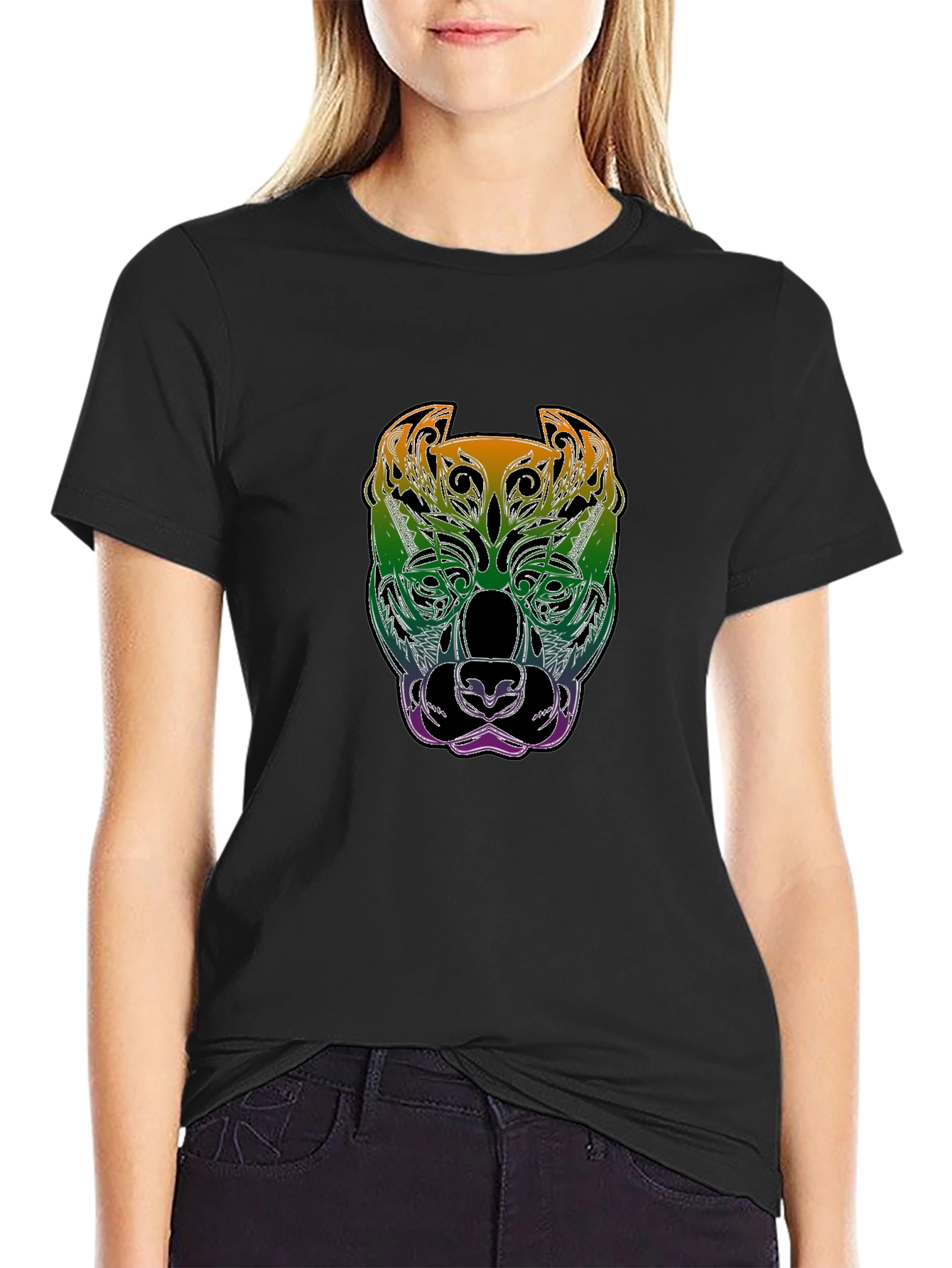 Rainbow Pitbull Graphic Print Black T-Shirt