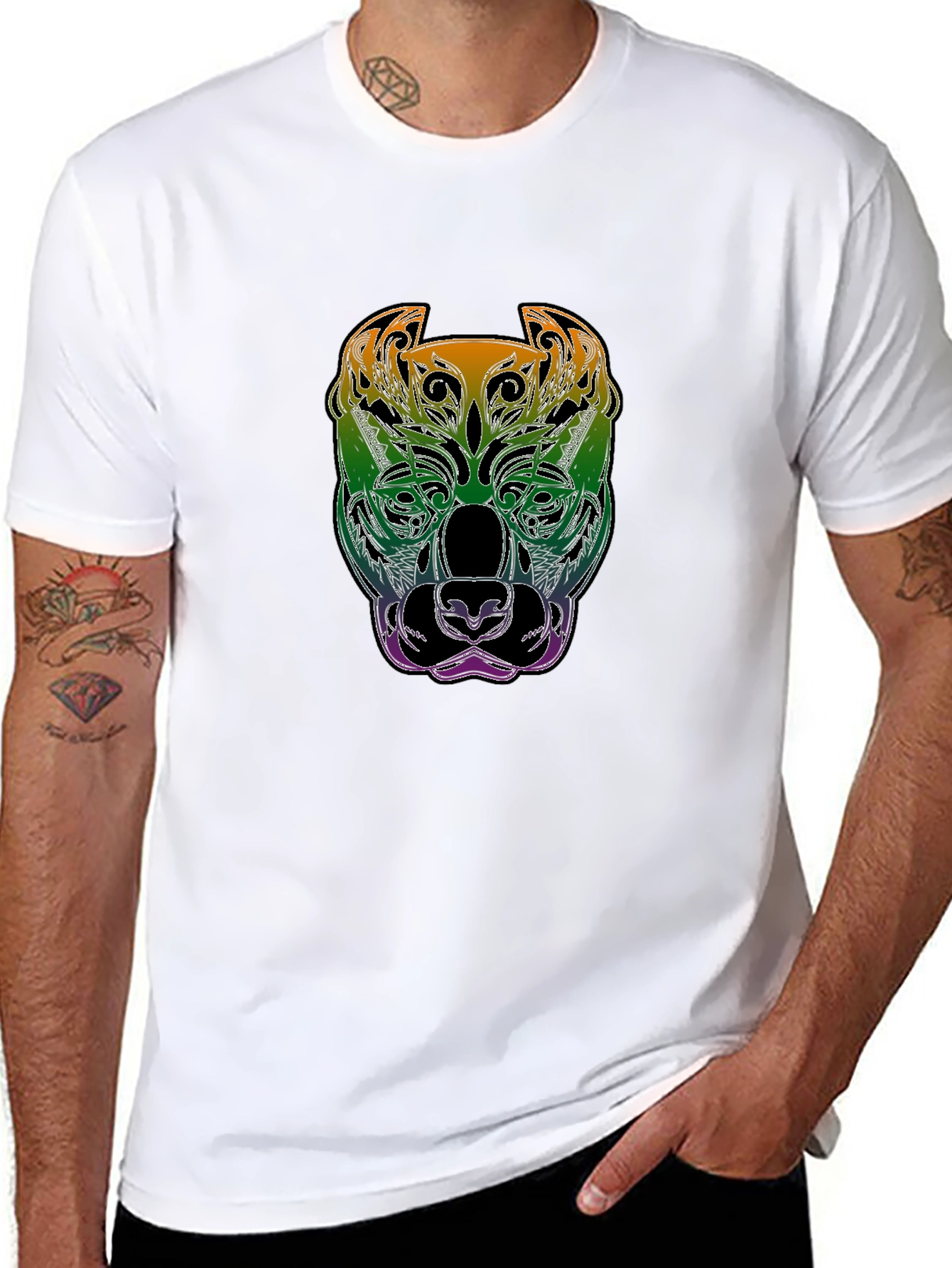Rainbow Pitbull Graphic Print Black T-Shirt