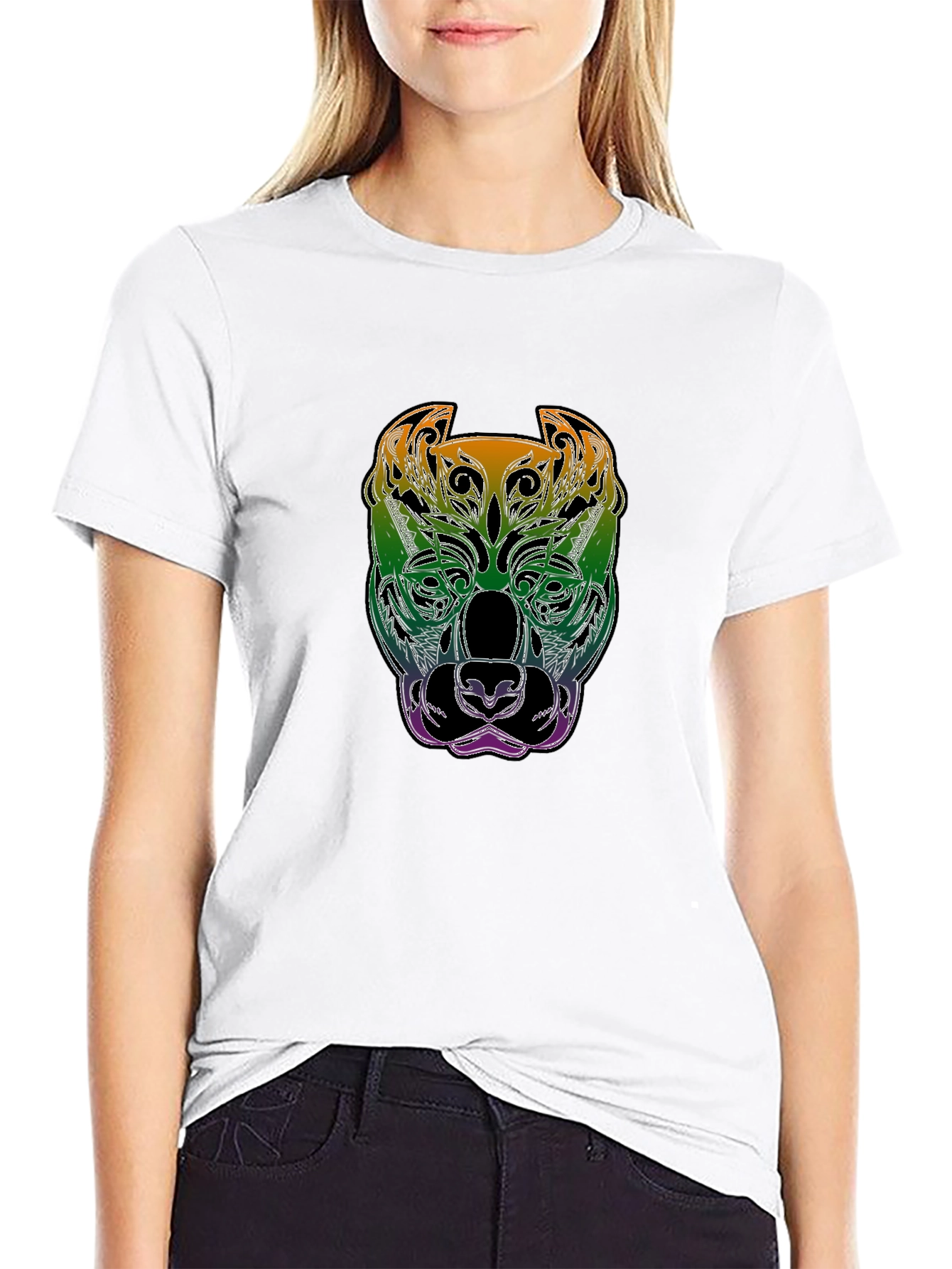 Rainbow Pitbull Graphic Print Black T-Shirt