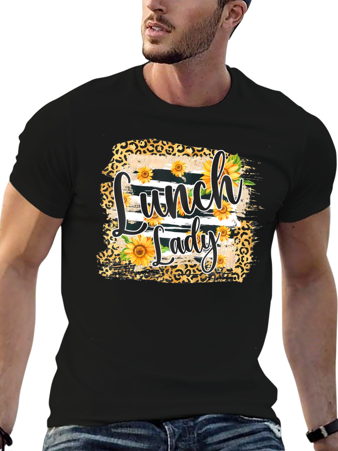 Lunch Lady Sunflower Leopard Print T-Shirt