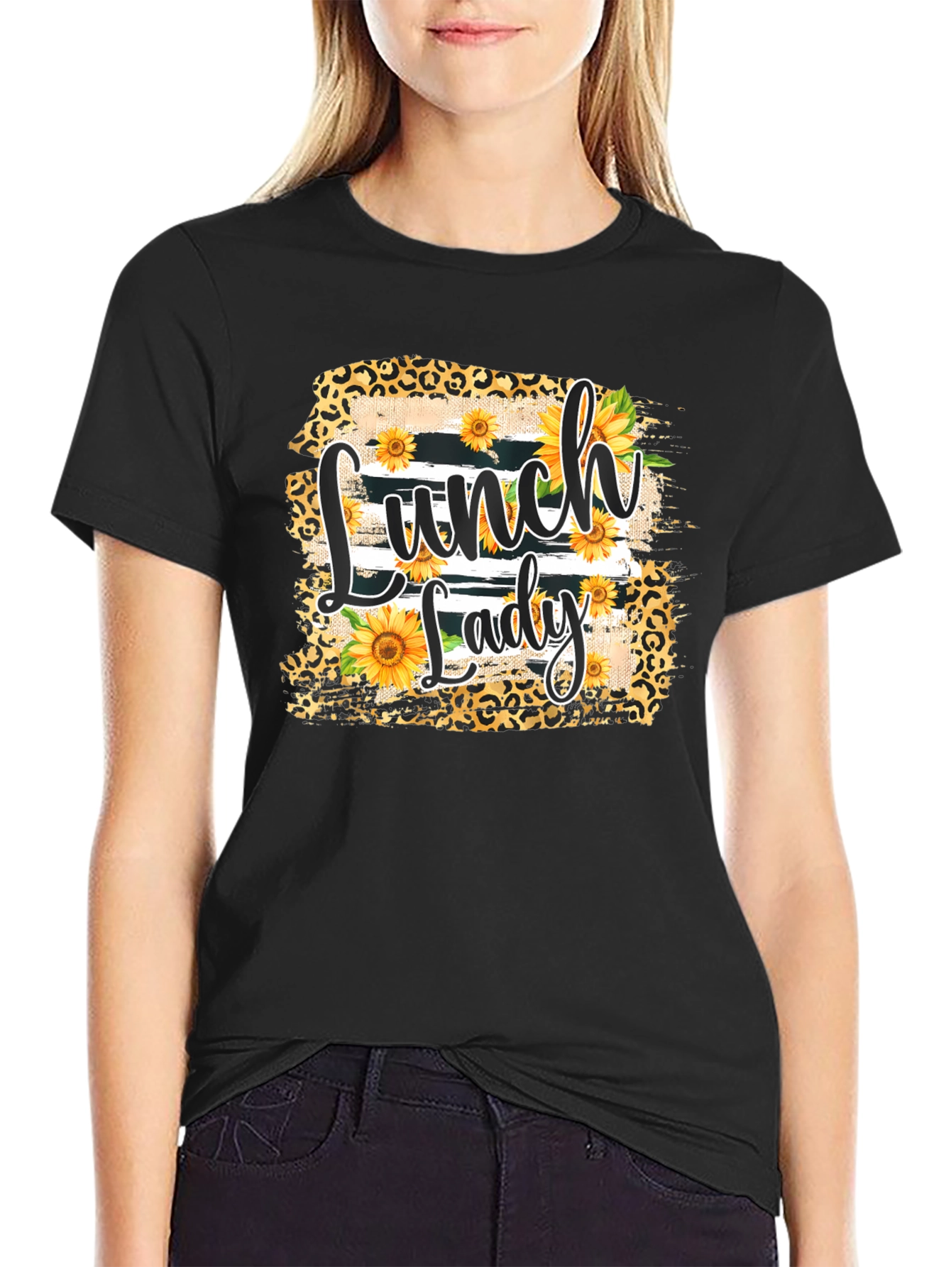 Lunch Lady Sunflower Leopard Print T-Shirt
