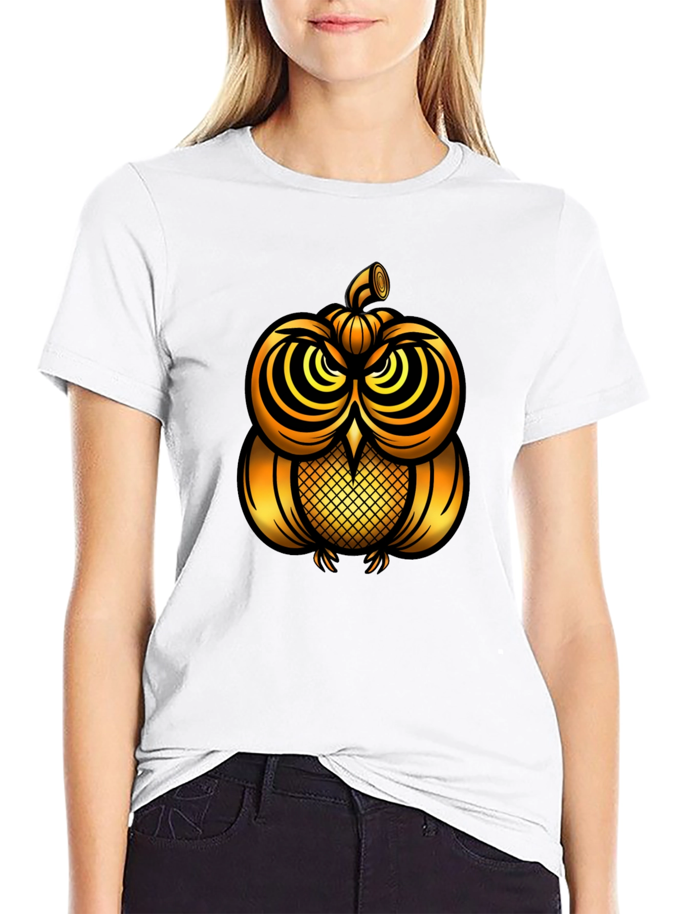 Golden Pumpkin Owl Graphic Tee - Unique Halloween Style