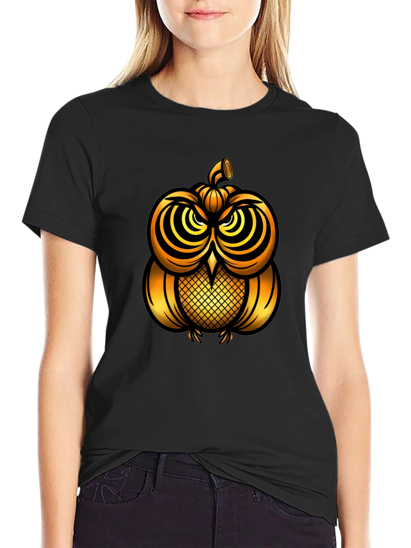 Golden Pumpkin Owl Graphic Tee - Unique Halloween Style