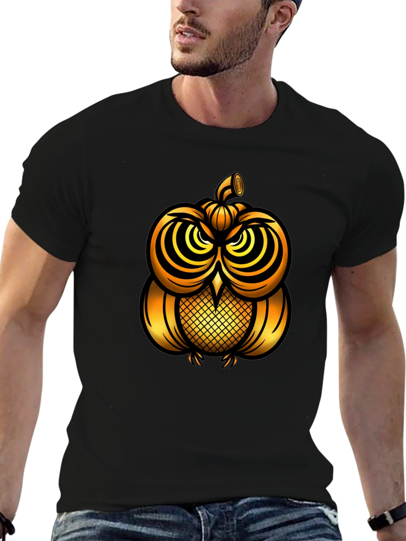 Golden Pumpkin Owl Graphic Tee - Unique Halloween Style