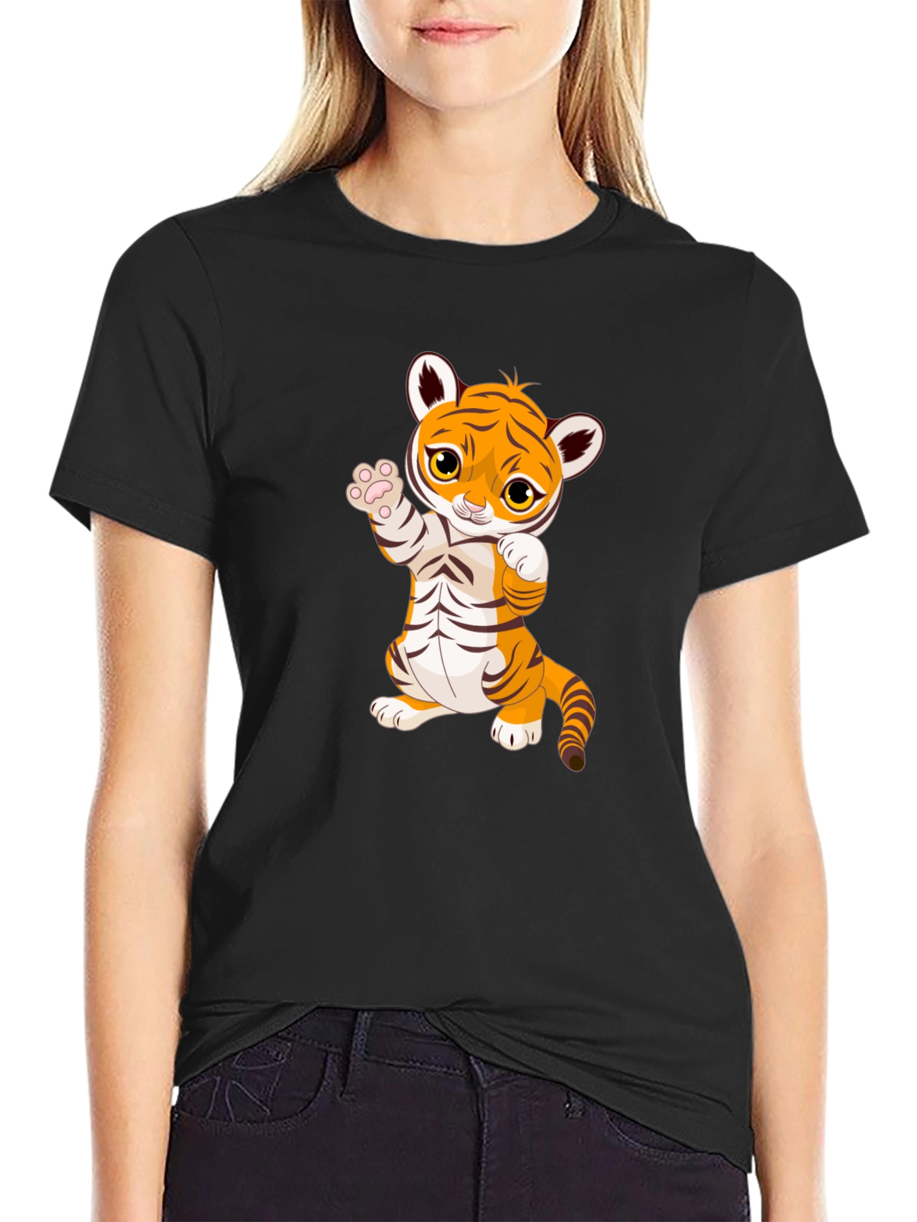 Cute Cartoon Tiger Black T-Shirt