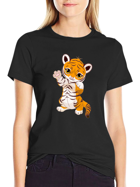 Cute Cartoon Tiger Black T-Shirt