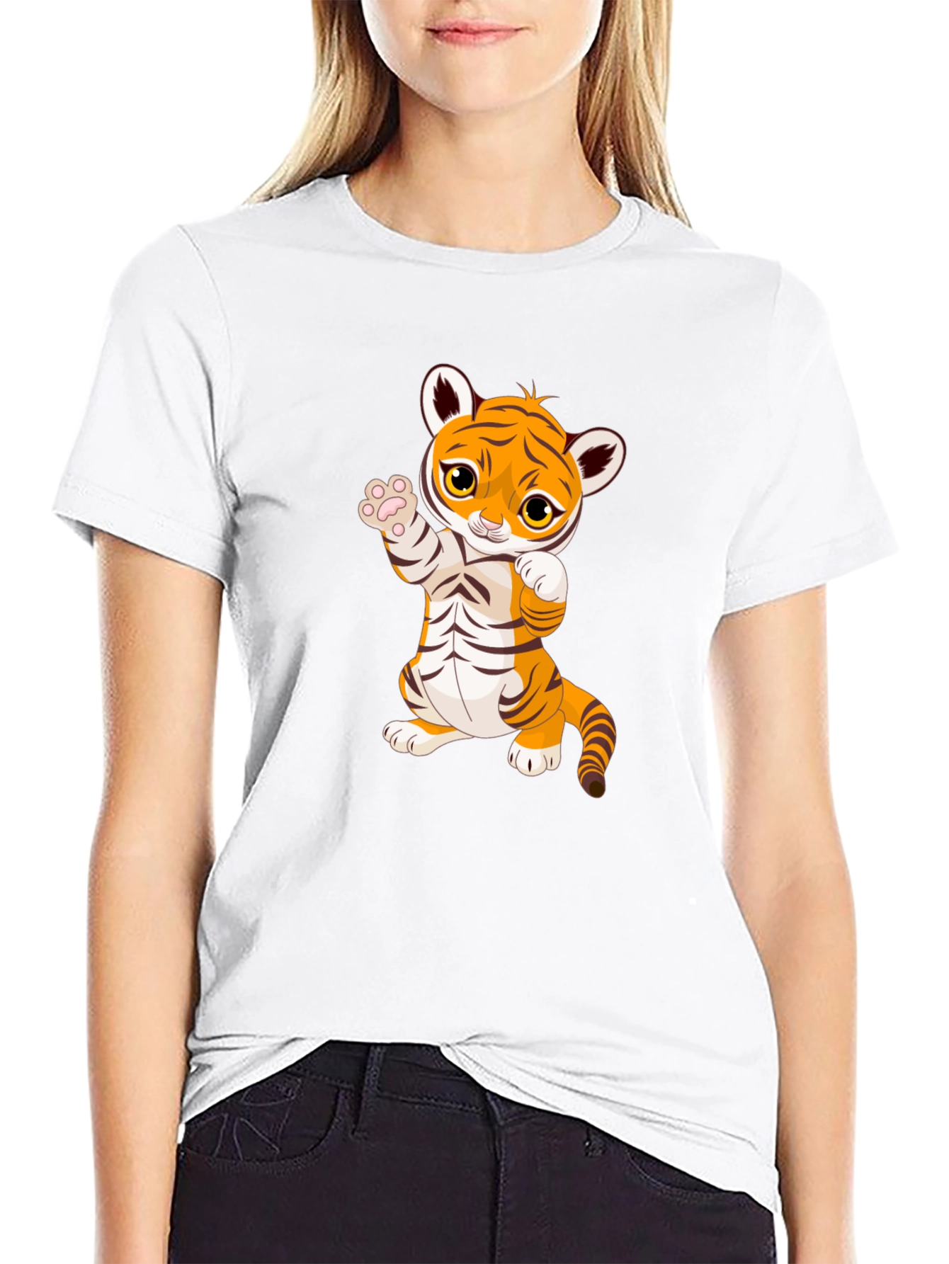 Cute Cartoon Tiger Black T-Shirt