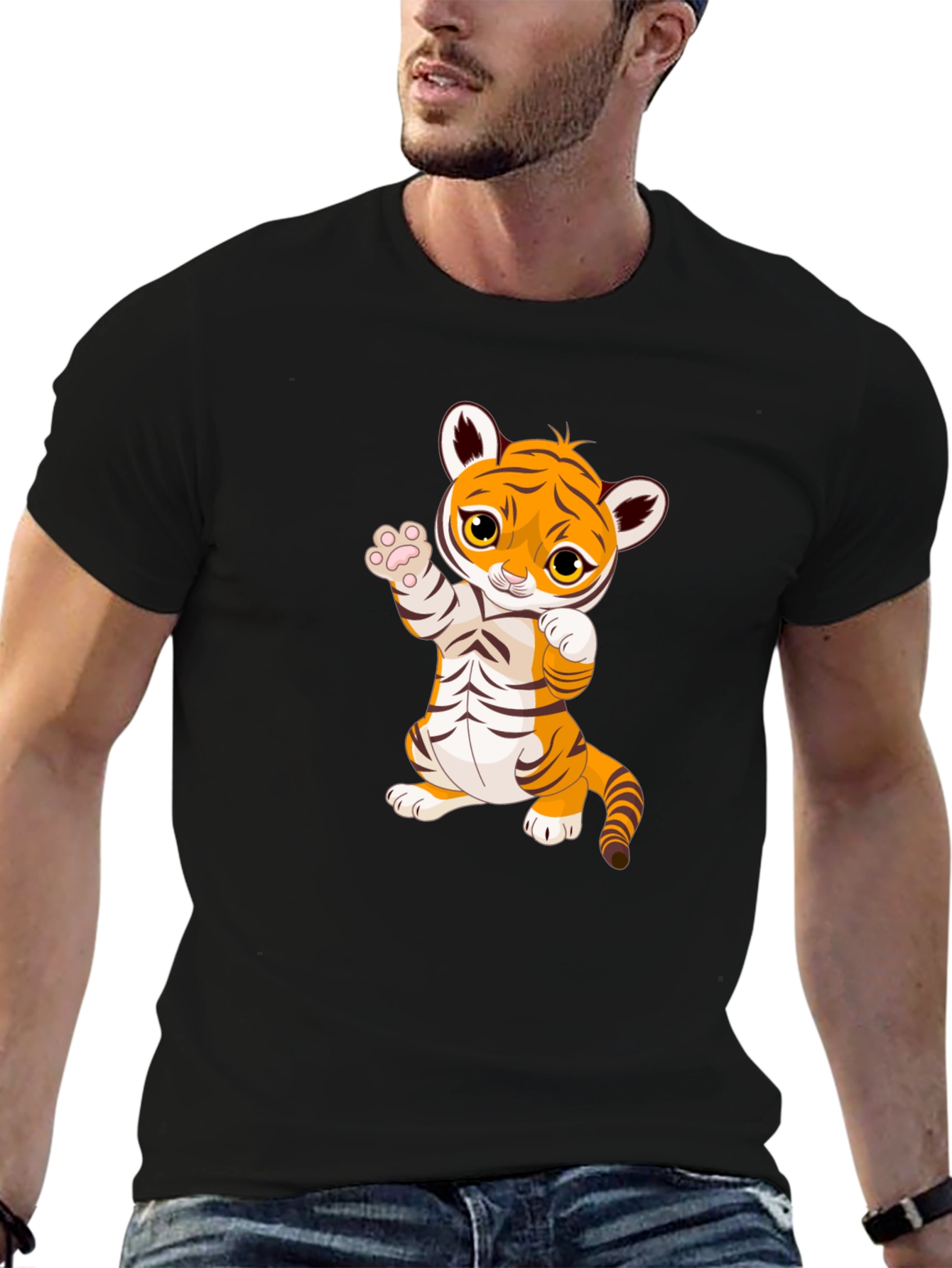 Cute Cartoon Tiger Black T-Shirt