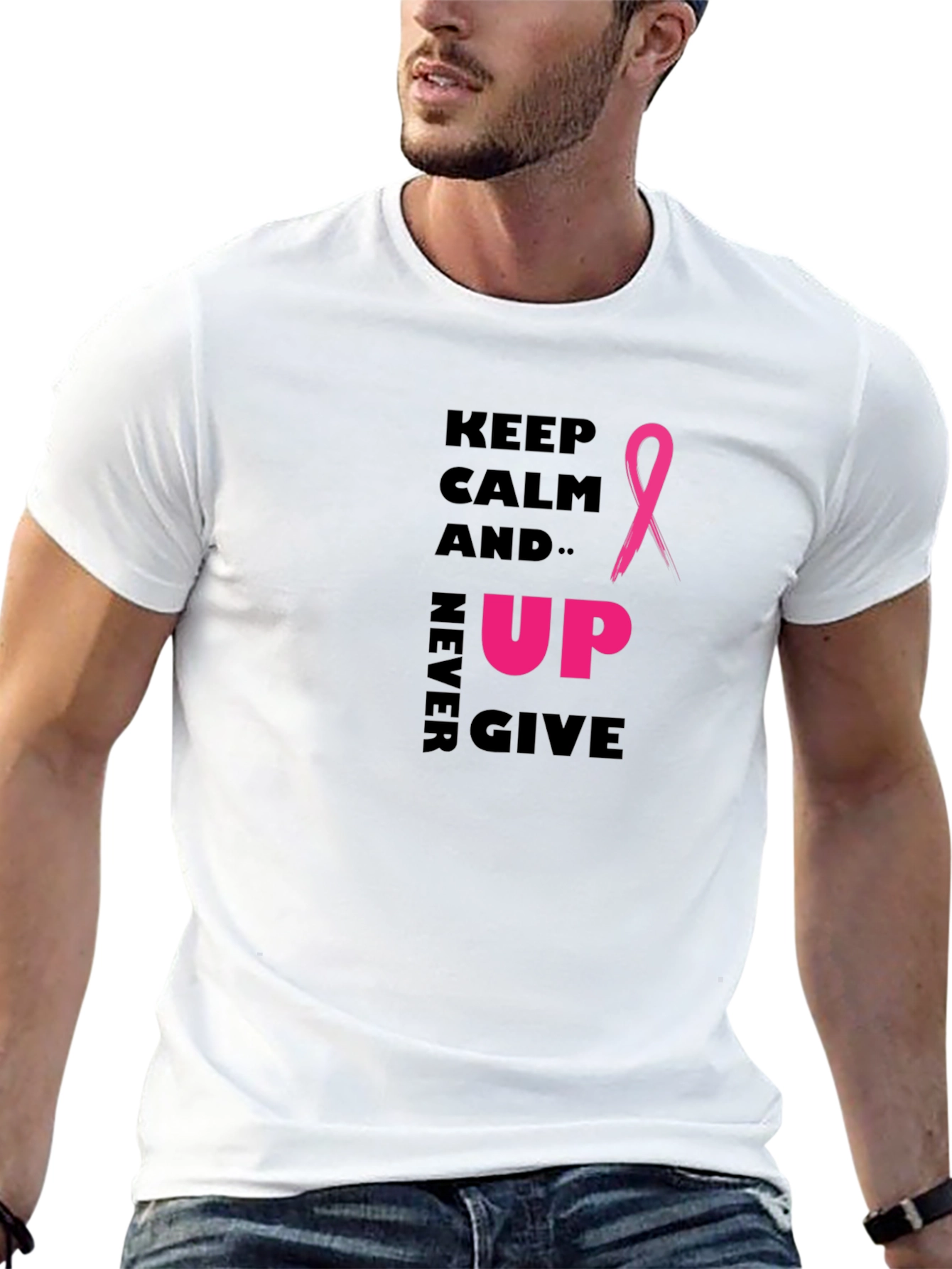 Keep Calm Never Give Up Ribbon Graphic T-Shirt