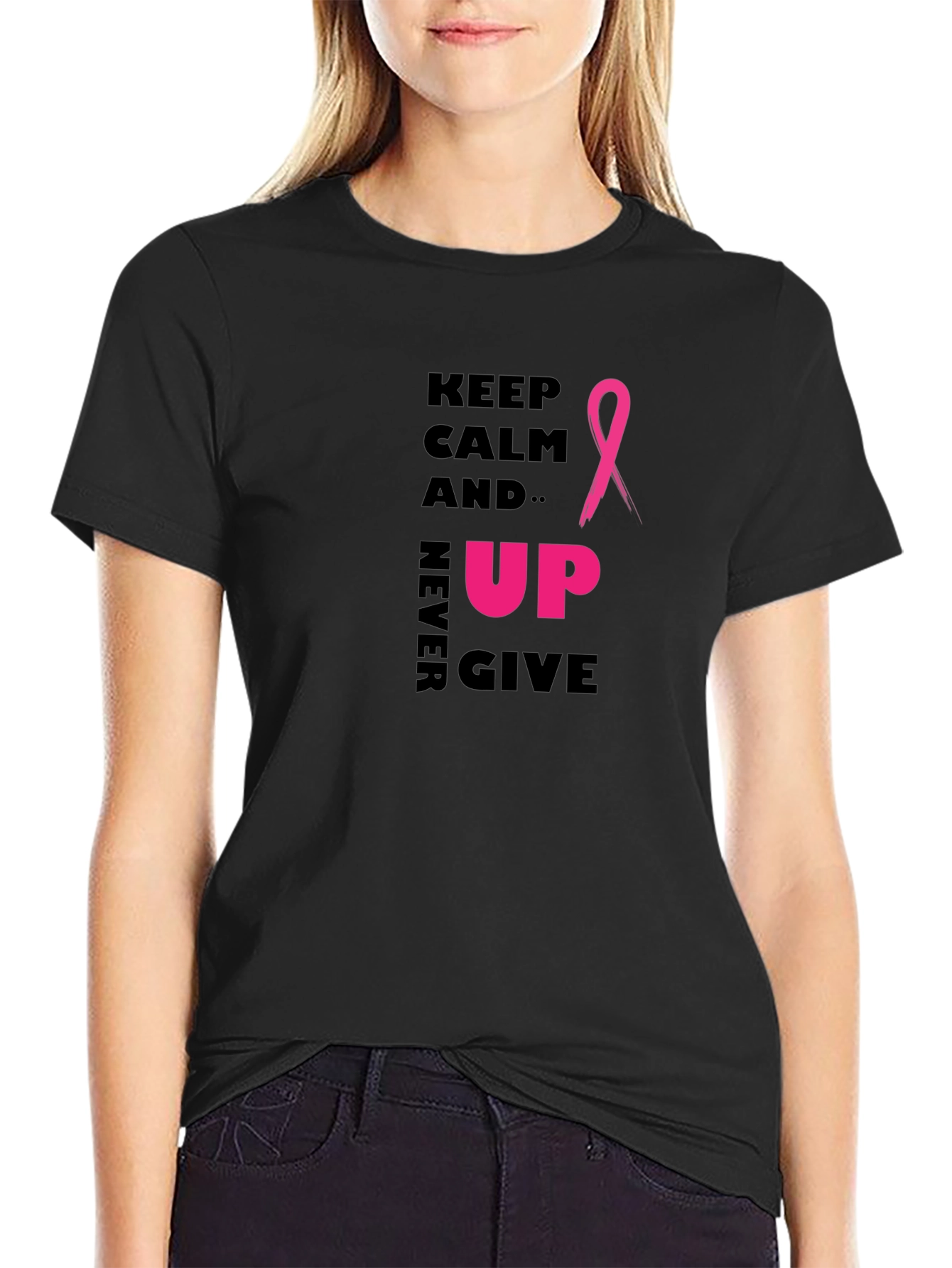 Keep Calm Never Give Up Ribbon Graphic T-Shirt