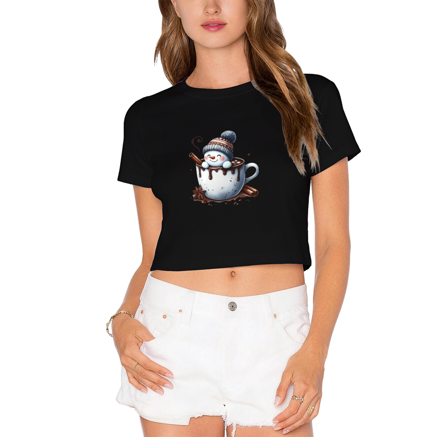 Snowman In Hot Cocoa Cup Cozy Christmas Crop Top