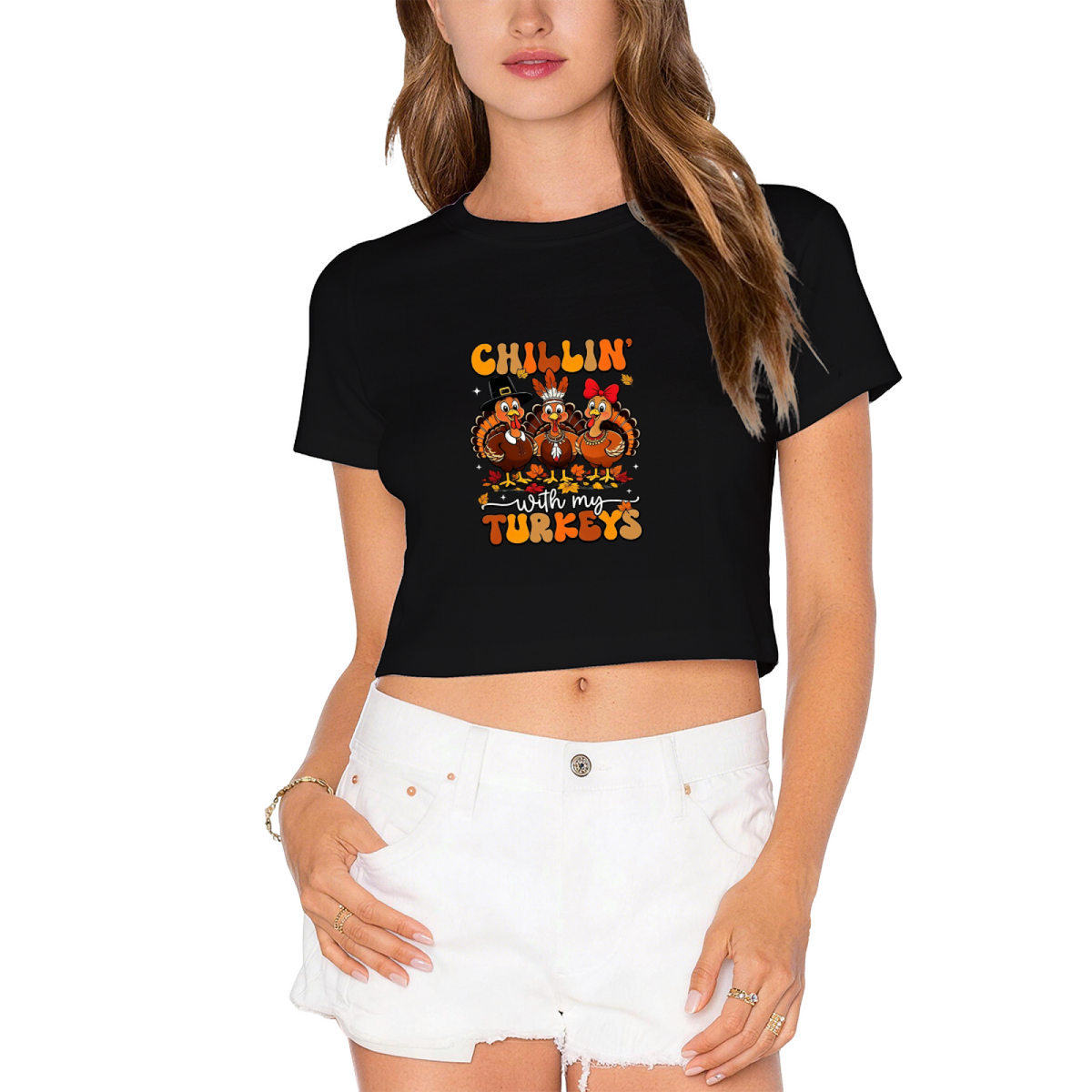 Chillin With My Turkeys Funny Thanksgiving Cropped Tee