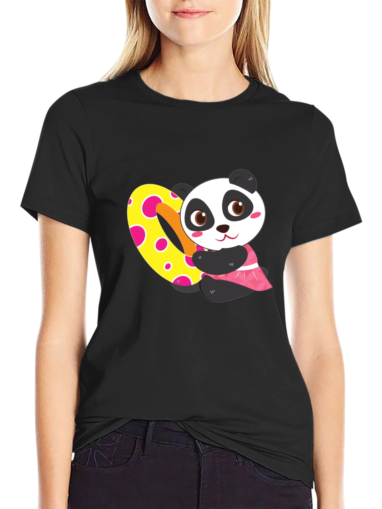 Cute Panda Heart Graphic Black T-Shirt