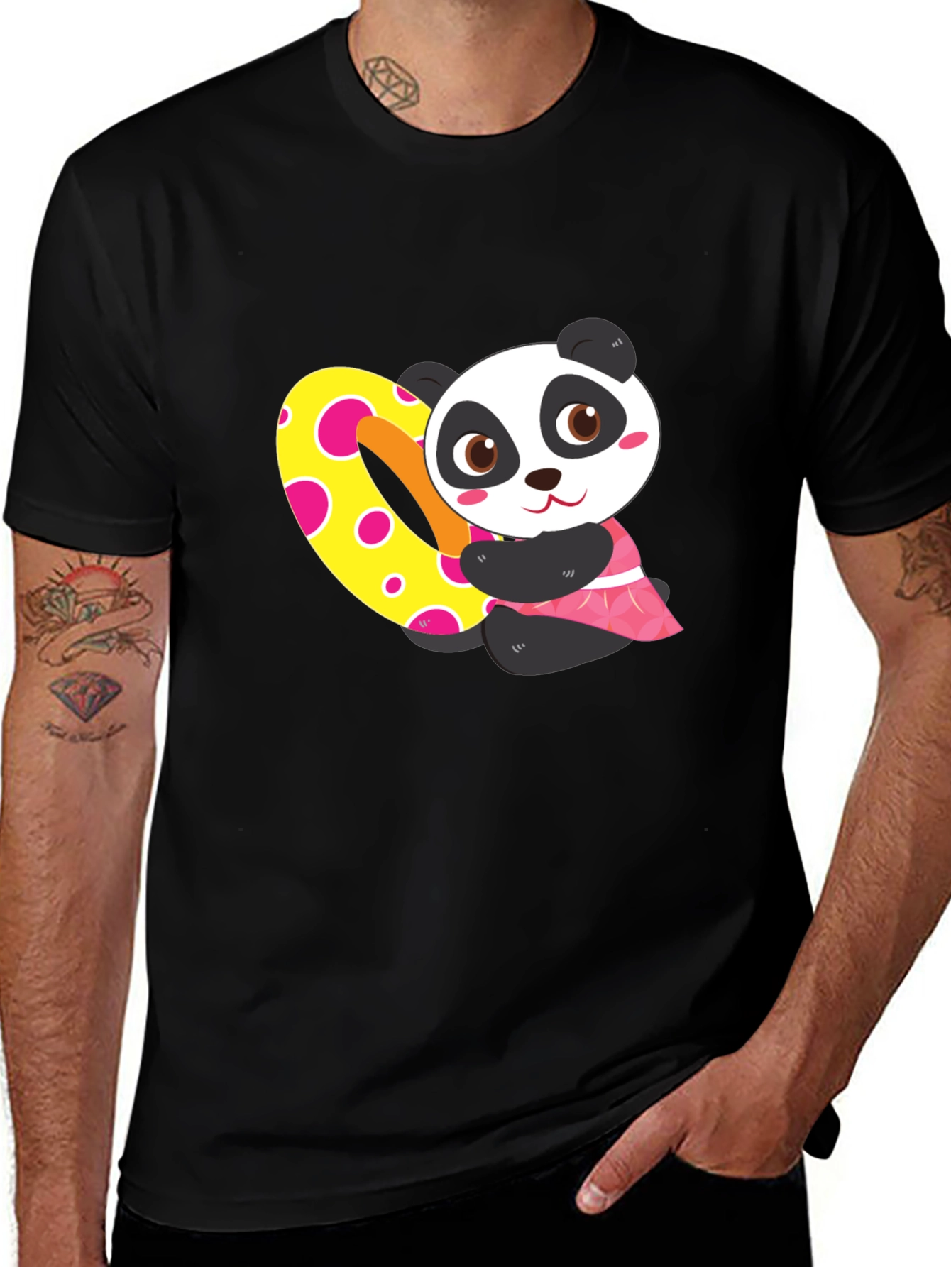 Cute Panda Heart Graphic Black T-Shirt