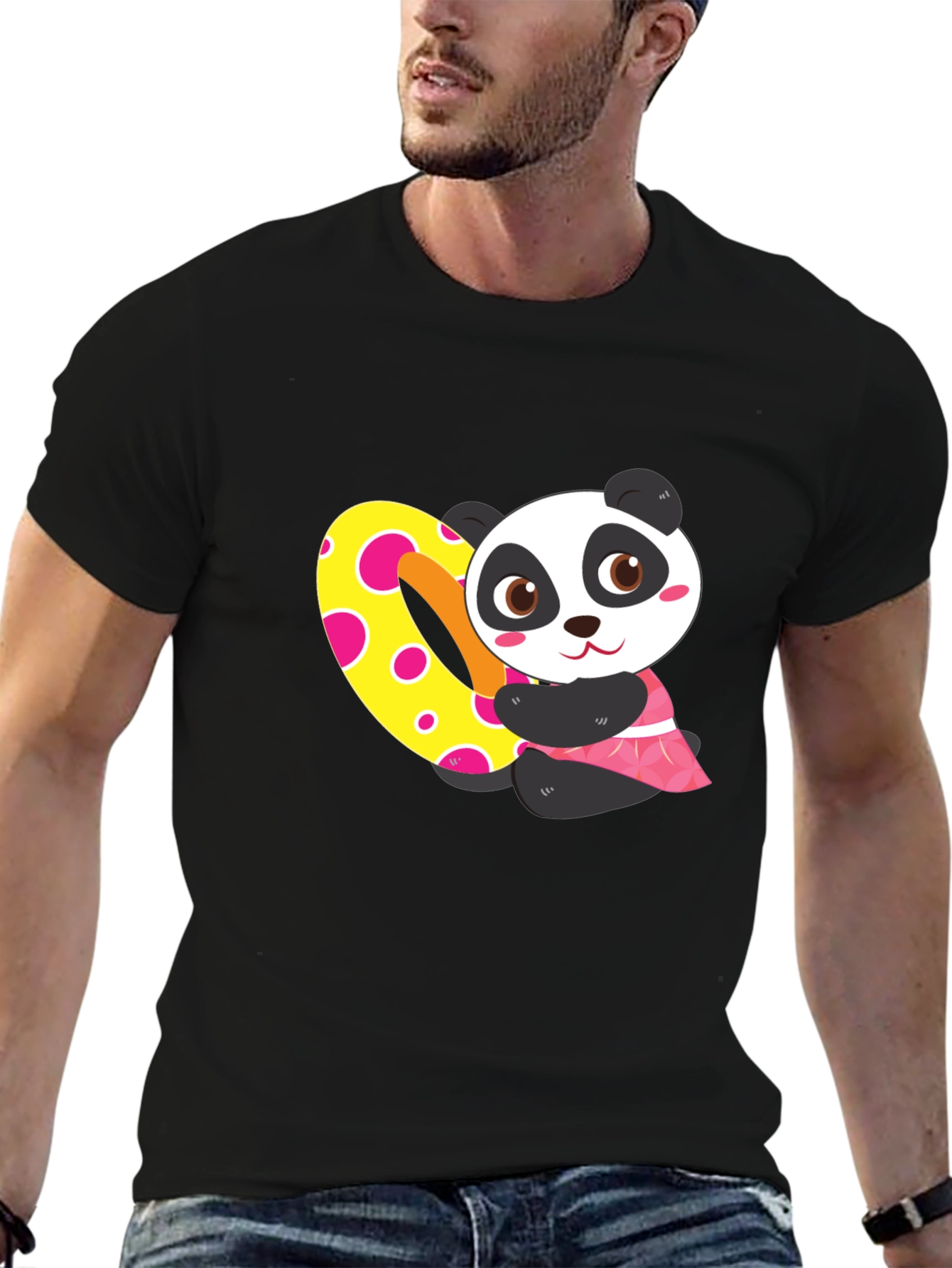 Cute Panda Heart Graphic Black T-Shirt