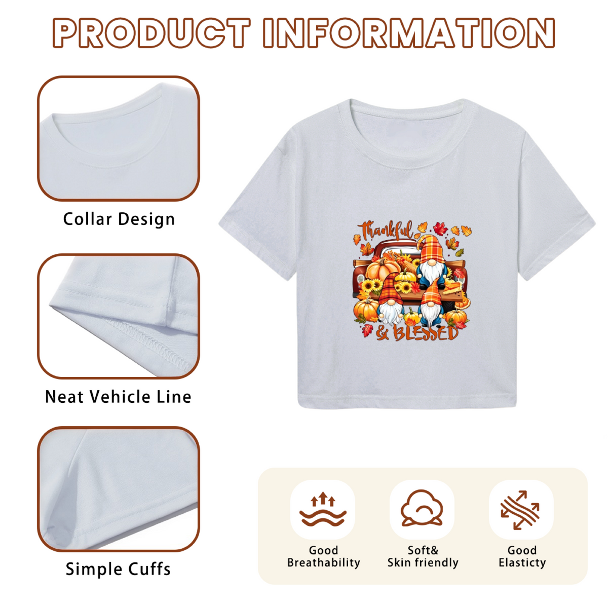 Thankful & Blessed Gnome Pumpkin Truck Fall Thanksgiving Cropped Tee