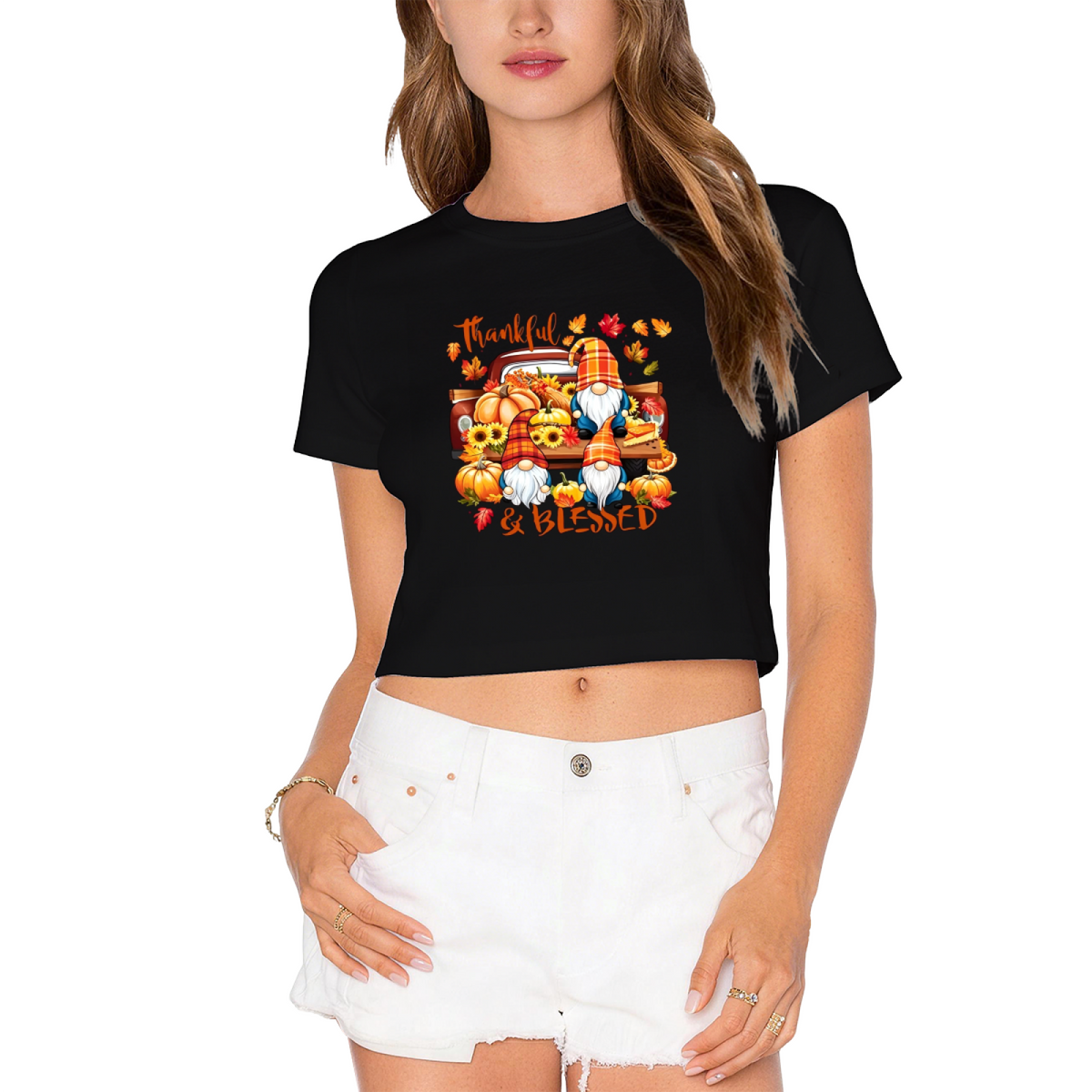 Thankful & Blessed Gnome Pumpkin Truck Fall Thanksgiving Cropped Tee