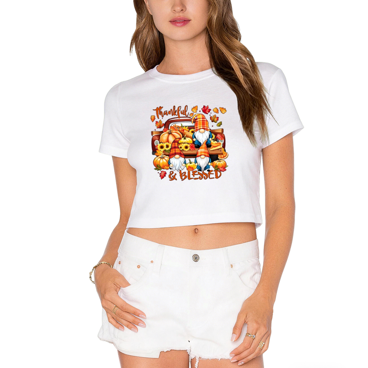 Thankful & Blessed Gnome Pumpkin Truck Fall Thanksgiving Cropped Tee