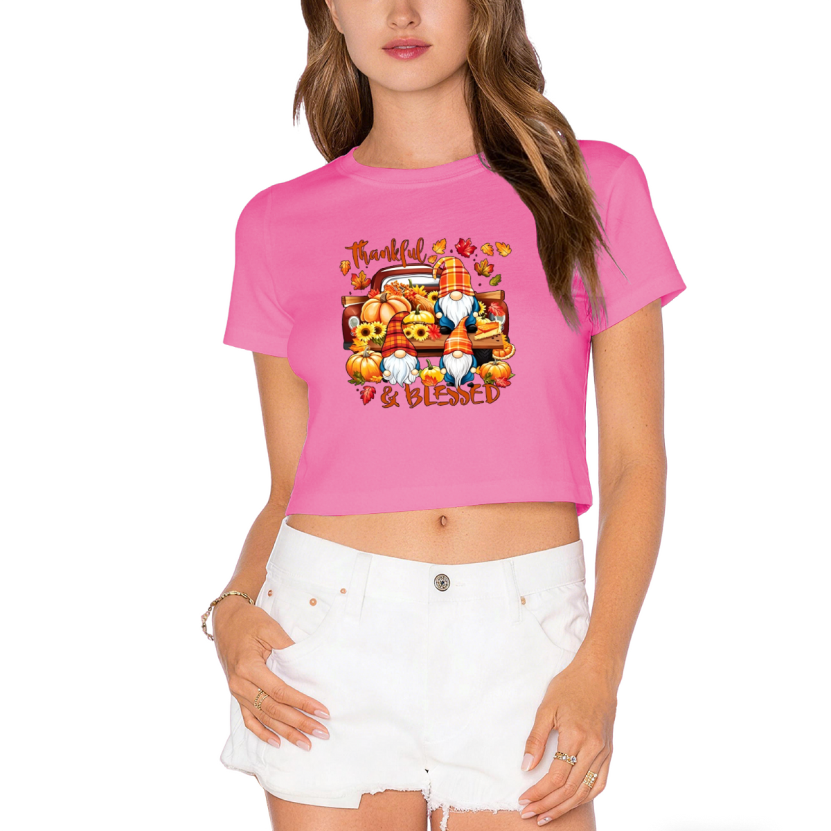 Thankful & Blessed Gnome Pumpkin Truck Fall Thanksgiving Cropped Tee