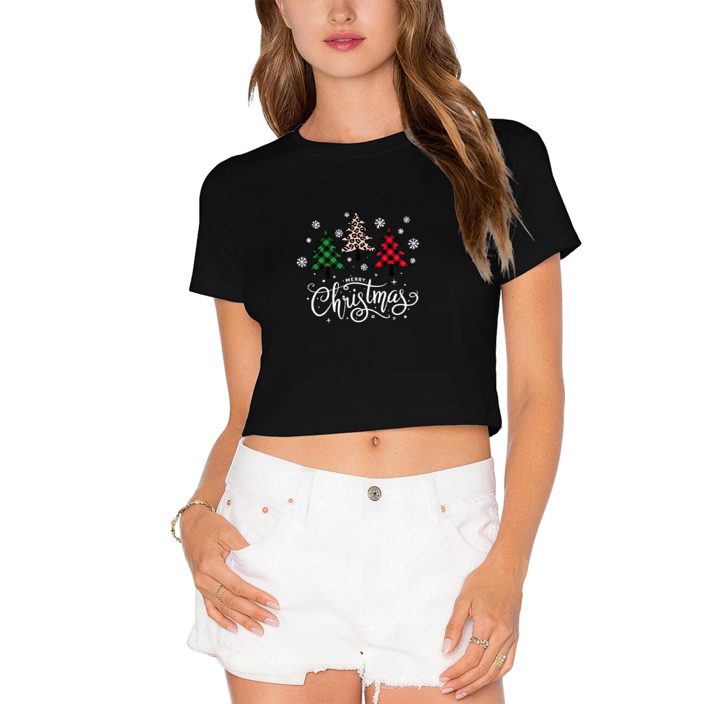Buffalo Plaid Leopard Tree Merry Christmas Cute Crop Top