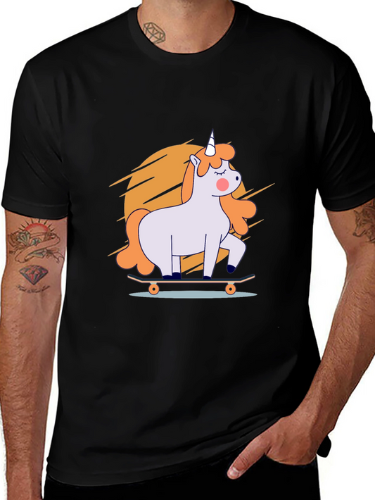 Unicorn Skateboard Graphic Tee - Black Casual Cotton T-Shirt