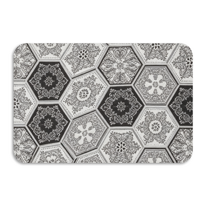 Black White Hexagon Vintage Tile Diatomite Mat£üBlack White Hexagon Carved Vintage Tile Diatomite Mat, Retro Quick Dry Non?Slip Bathroom Shower Rug