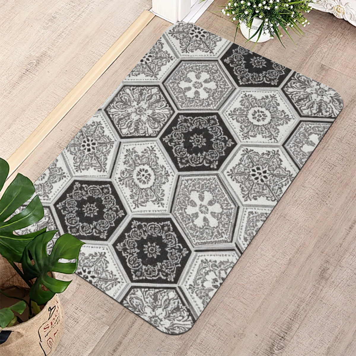 Black White Hexagon Vintage Tile Diatomite Mat£üBlack White Hexagon Carved Vintage Tile Diatomite Mat, Retro Quick Dry Non?Slip Bathroom Shower Rug
