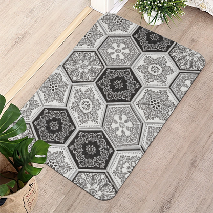 Black White Hexagon Vintage Tile Diatomite Mat£üBlack White Hexagon Carved Vintage Tile Diatomite Mat, Retro Quick Dry Non?Slip Bathroom Shower Rug