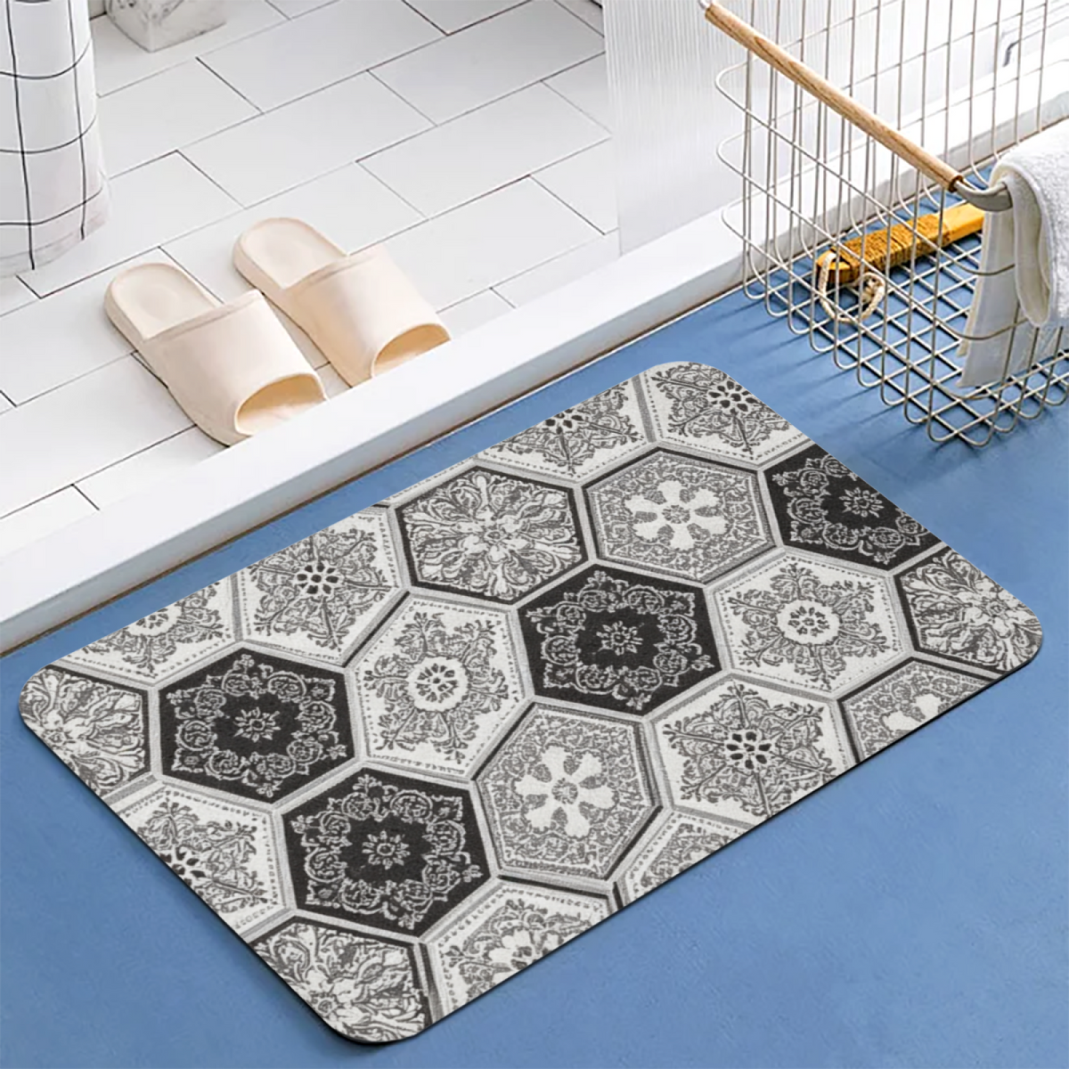 Black White Hexagon Vintage Tile Diatomite Mat£üBlack White Hexagon Carved Vintage Tile Diatomite Mat, Retro Quick Dry Non?Slip Bathroom Shower Rug