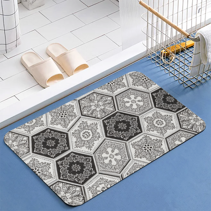 Black White Hexagon Vintage Tile Diatomite Mat£üBlack White Hexagon Carved Vintage Tile Diatomite Mat, Retro Quick Dry Non?Slip Bathroom Shower Rug