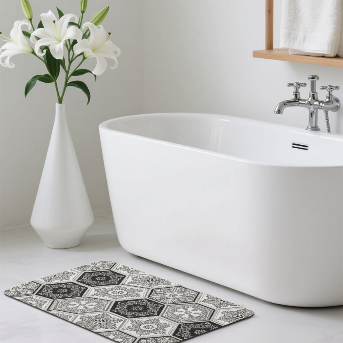 Black White Hexagon Vintage Tile Diatomite Mat£üBlack White Hexagon Carved Vintage Tile Diatomite Mat, Retro Quick Dry Non?Slip Bathroom Shower Rug