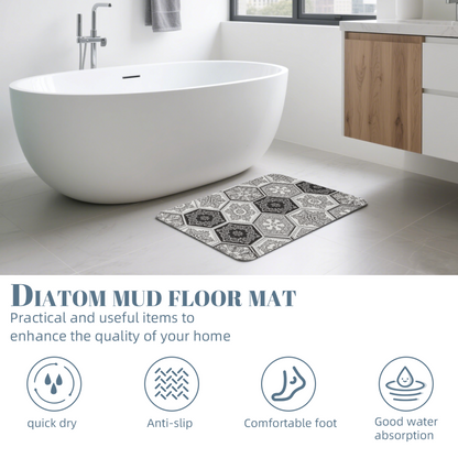 Black White Hexagon Vintage Tile Diatomite Mat£üBlack White Hexagon Carved Vintage Tile Diatomite Mat, Retro Quick Dry Non?Slip Bathroom Shower Rug
