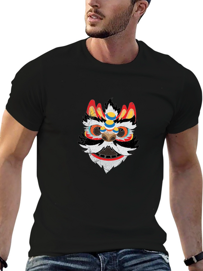 Lion Dance Mask Graphic Tee - Black Cotton T-Shirt