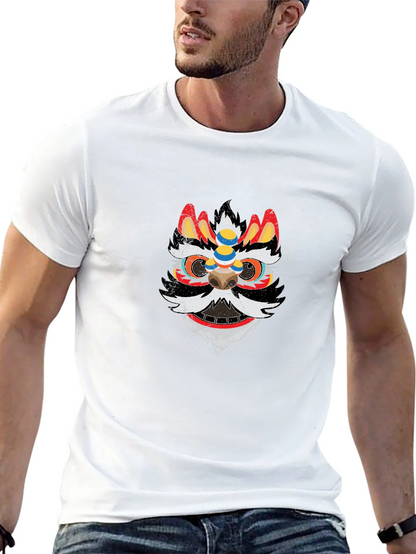 Lion Dance Mask Graphic Tee - Black Cotton T-Shirt