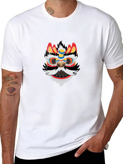 Lion Dance Mask Graphic Tee - Black Cotton T-Shirt
