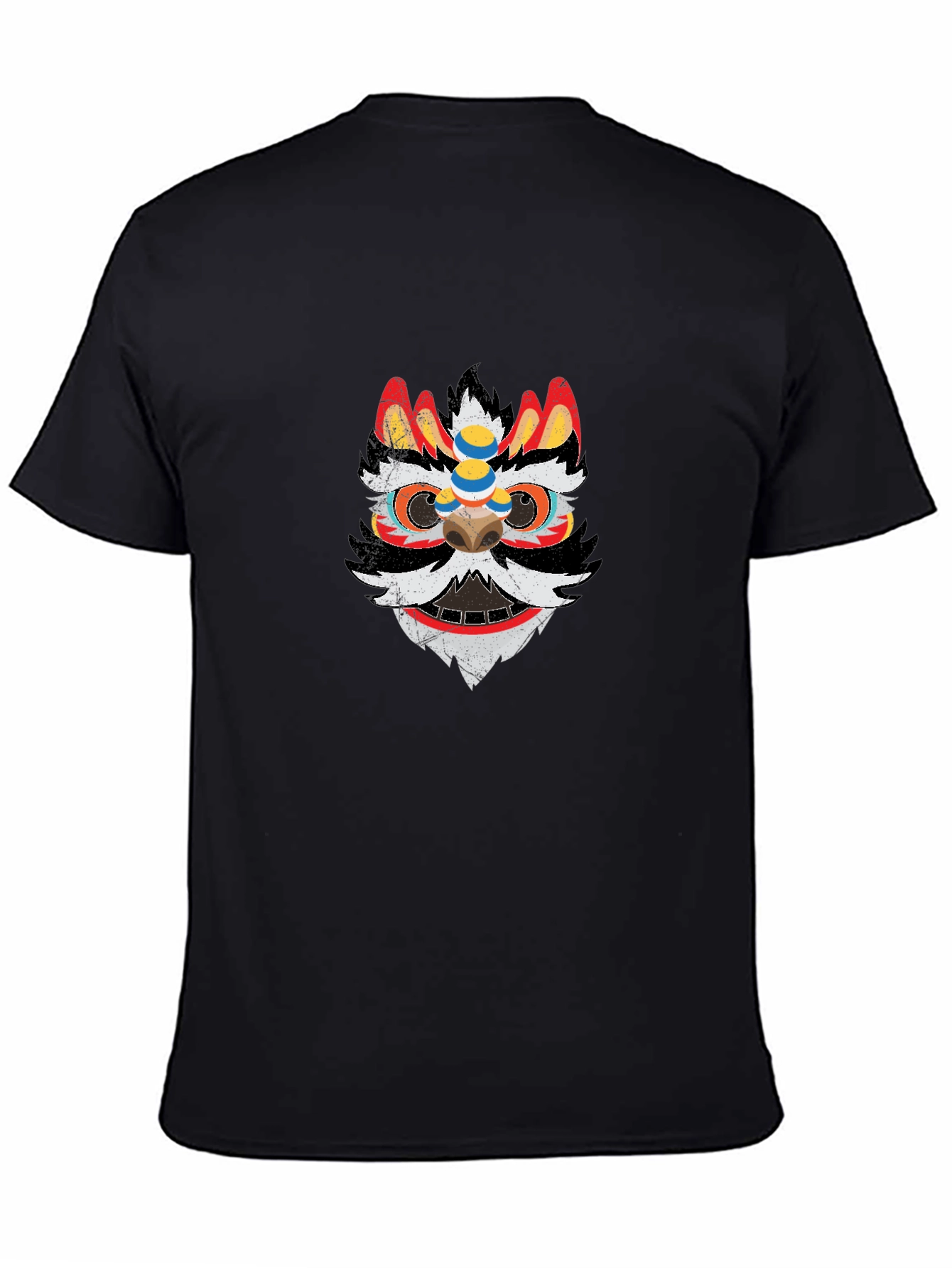Lion Dance Mask Graphic Tee - Black Cotton T-Shirt