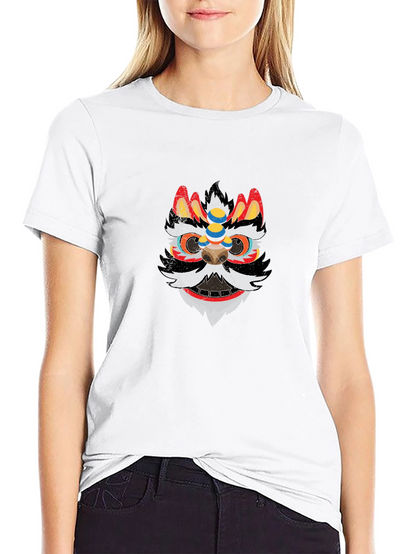 Lion Dance Mask Graphic Tee - Black Cotton T-Shirt