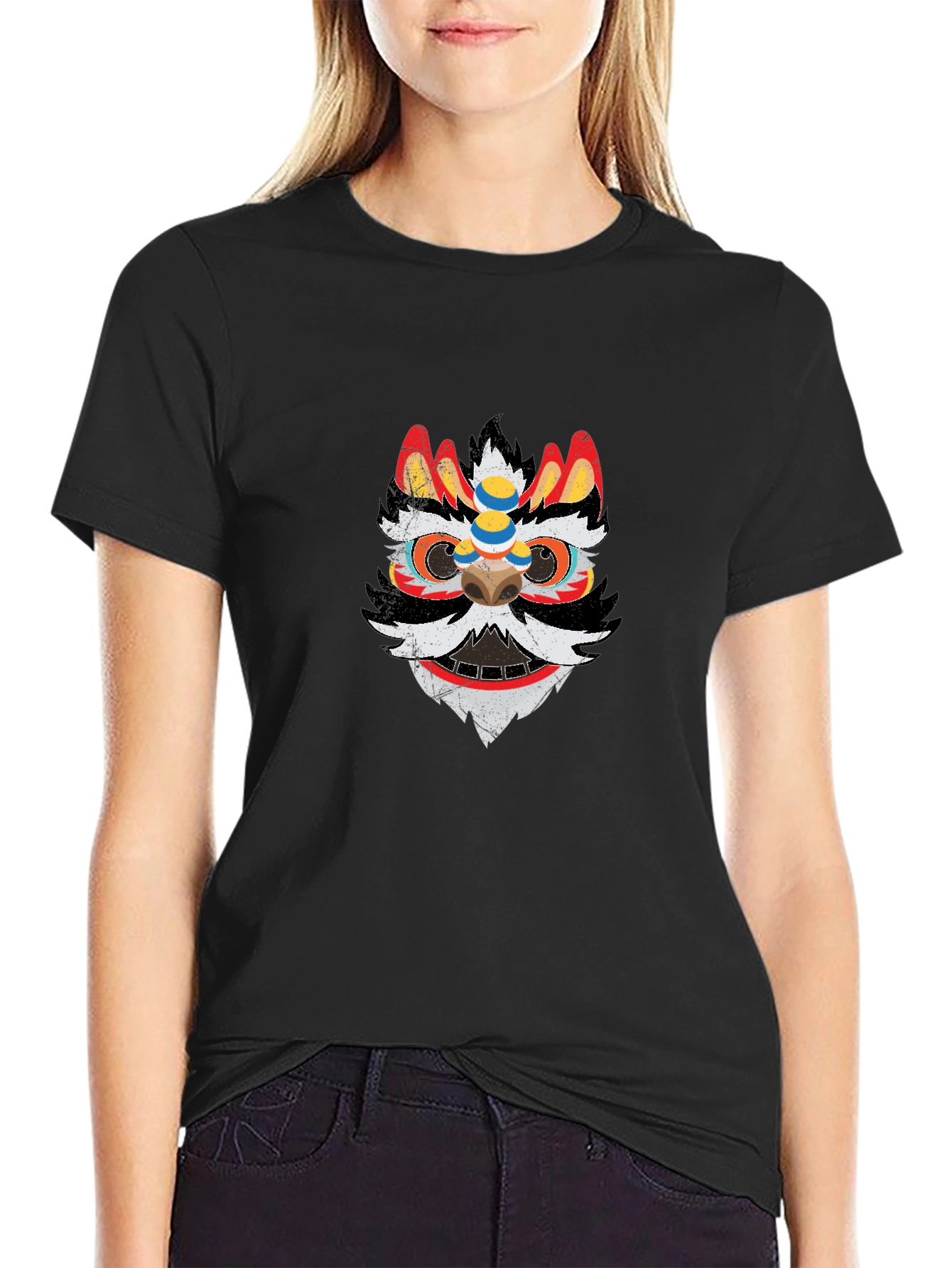 Lion Dance Mask Graphic Tee - Black Cotton T-Shirt