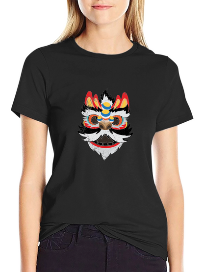 Lion Dance Mask Graphic Tee - Black Cotton T-Shirt