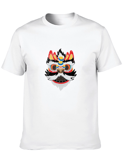 Lion Dance Mask Graphic Tee - Black Cotton T-Shirt