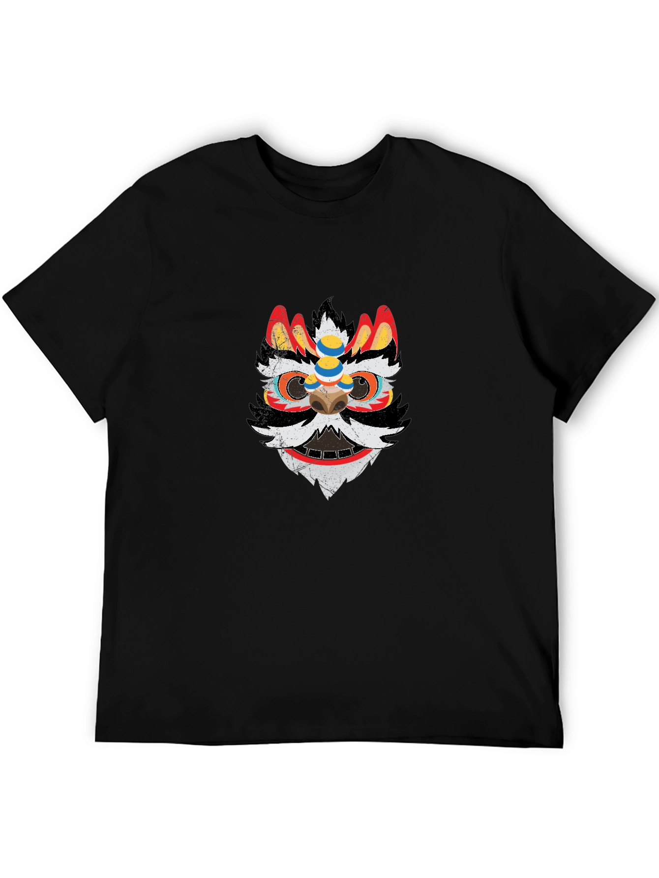 Lion Dance Mask Graphic Tee - Black Cotton T-Shirt