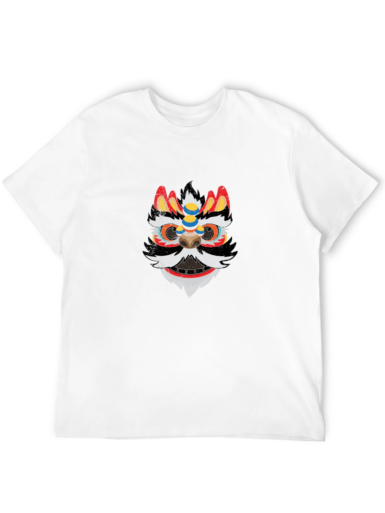 Lion Dance Mask Graphic Tee - Black Cotton T-Shirt