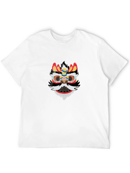 Lion Dance Mask Graphic Tee - Black Cotton T-Shirt
