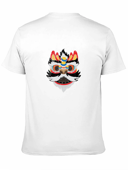 Lion Dance Mask Graphic Tee - Black Cotton T-Shirt