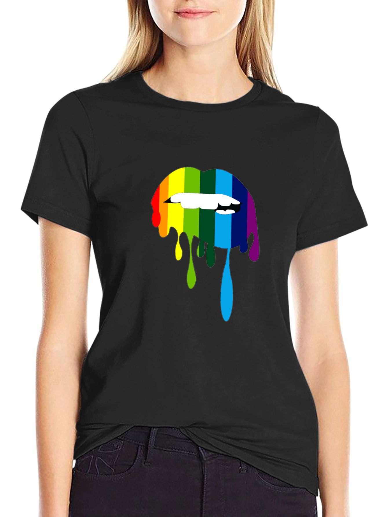 Rainbow Lips Graphic Print Black T-Shirt