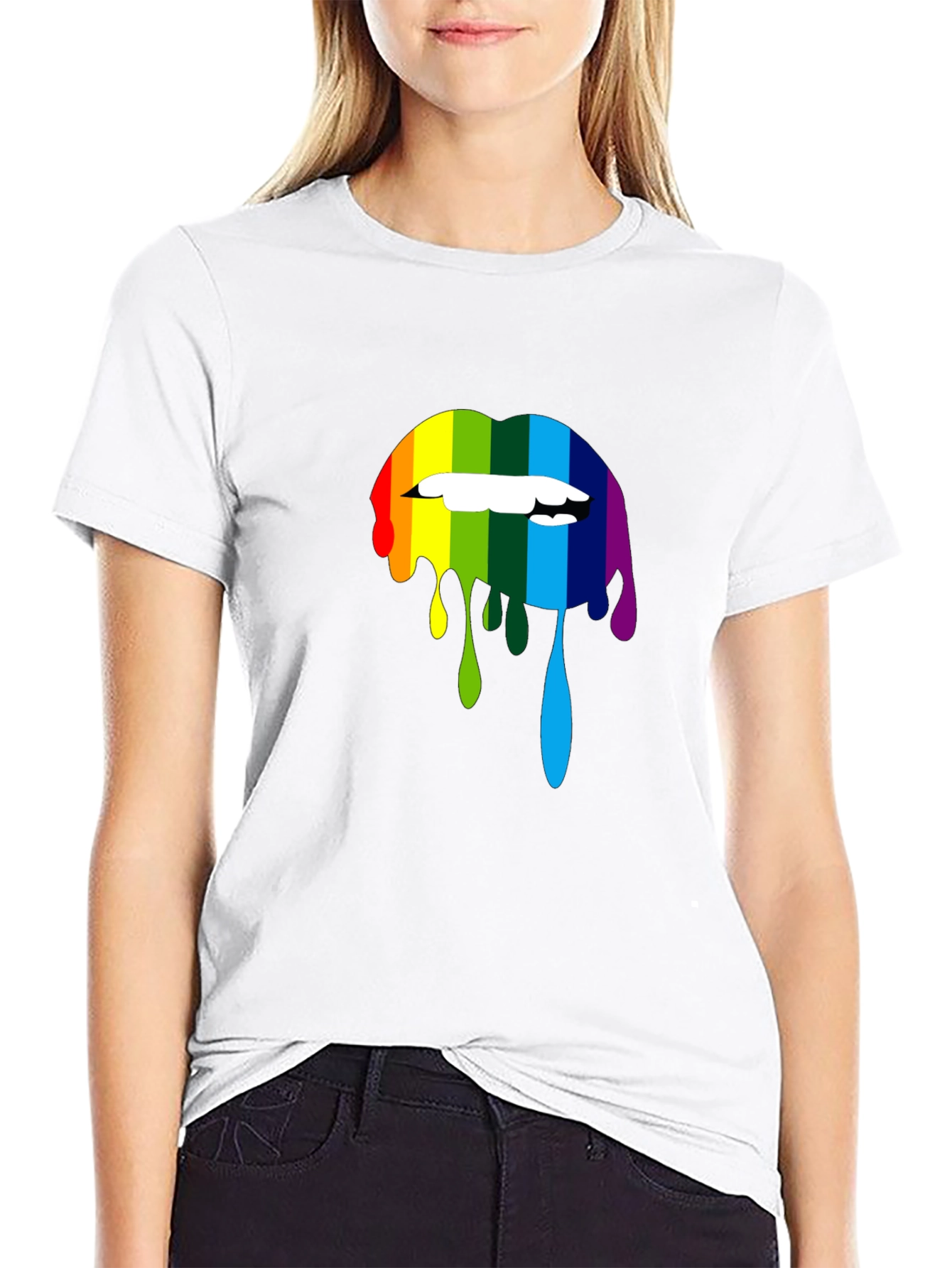 Rainbow Lips Graphic Print Black T-Shirt