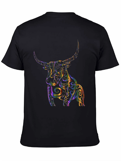 Stylized Bull Graphic Print Black T-Shirt