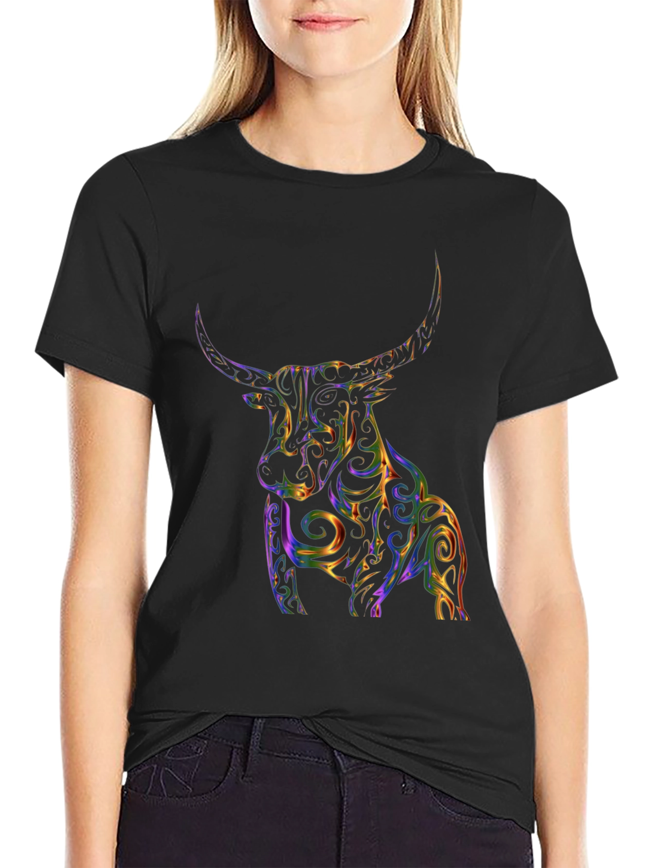 Stylized Bull Graphic Print Black T-Shirt